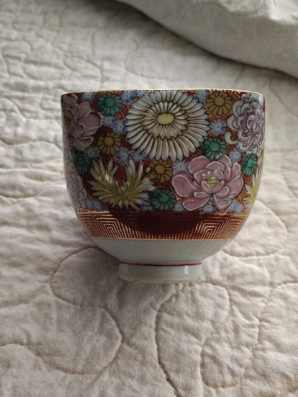 Hand-Painted Kutani Floral Porcelain Soup Bowl & Spoon Set - Multicolor